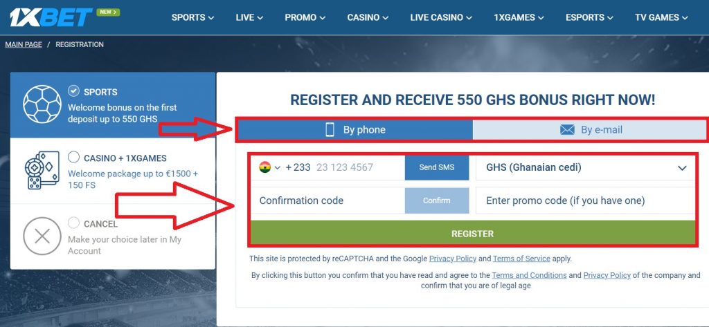 1xBet registration form