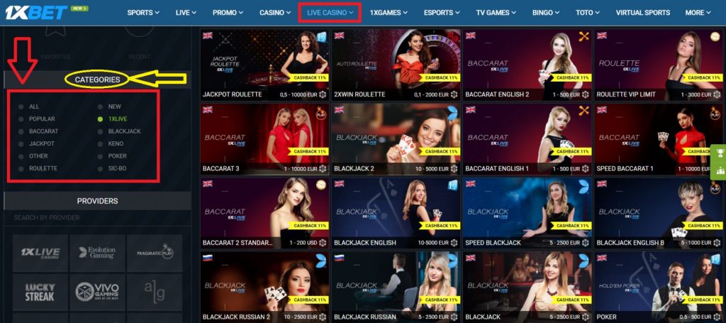 1xBet live casino category